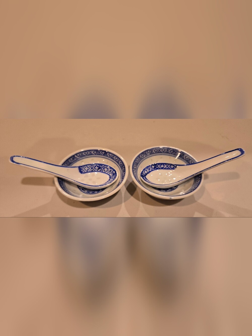 Blue and White Porcelain Soup Bowls with Matching Spoons - Set of 2